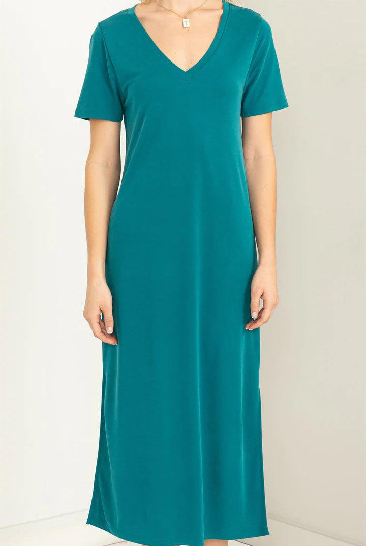 Hyfve Double Zero Sun’s Out V Neck Short Sleeve Midi Dress In Teal-Midi Dresses-Hyfve-Deja Nu Boutique, Women's Fashion Boutique in Lampasas, Texas