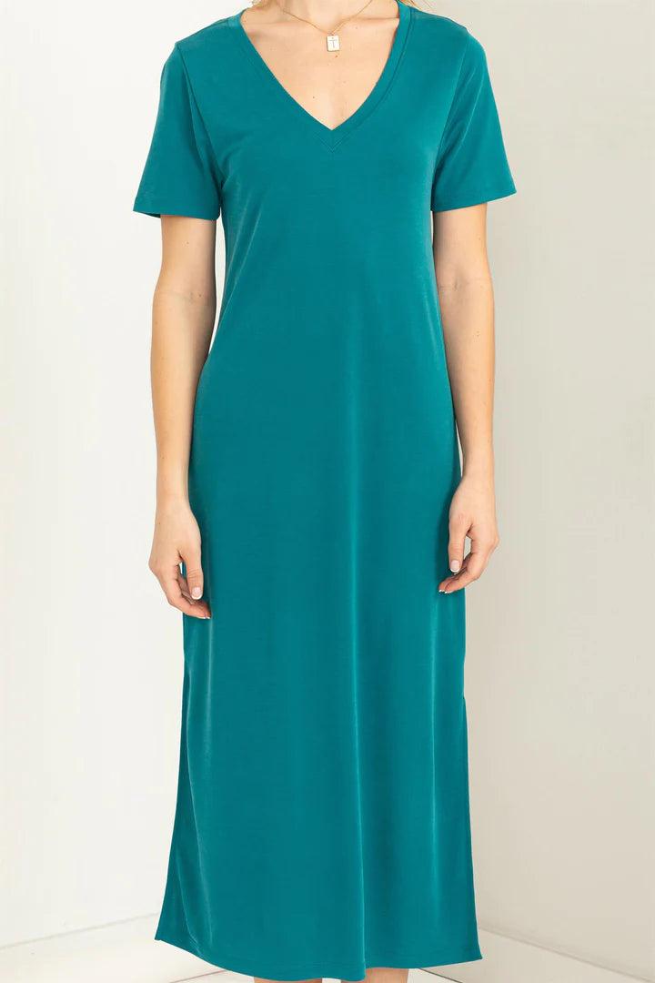 Hyfve Double Zero Sun’s Out V Neck Short Sleeve Midi Dress In Teal-Midi Dresses-Hyfve-Deja Nu Boutique, Women's Fashion Boutique in Lampasas, Texas