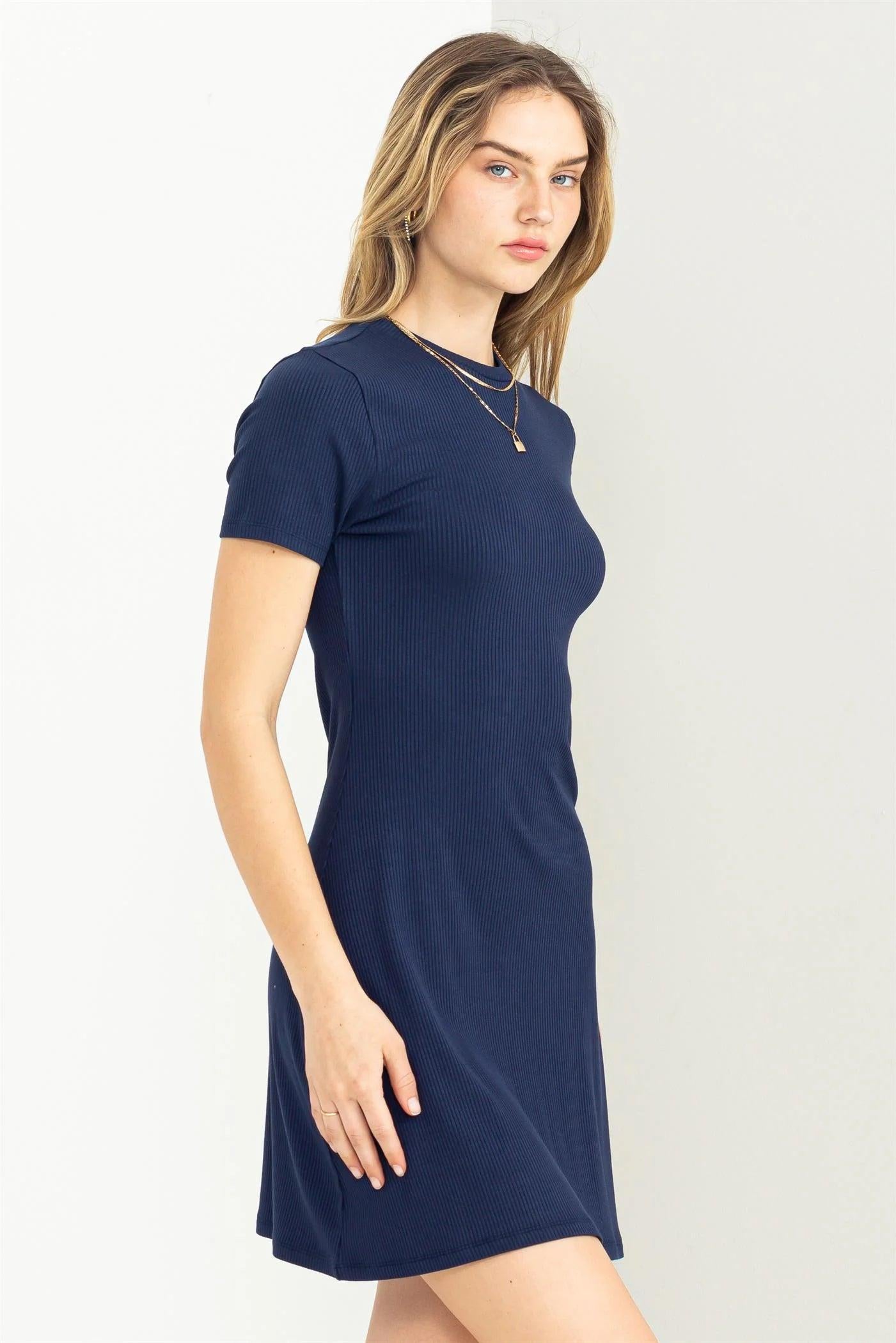 Hyfve Double Zero True Confessions Ribbed Short Sleeve Fit And Flare Mini Dress In Dark-Short Dresses-Hyfve-Deja Nu Boutique, Women's Fashion Boutique in Lampasas, Texas