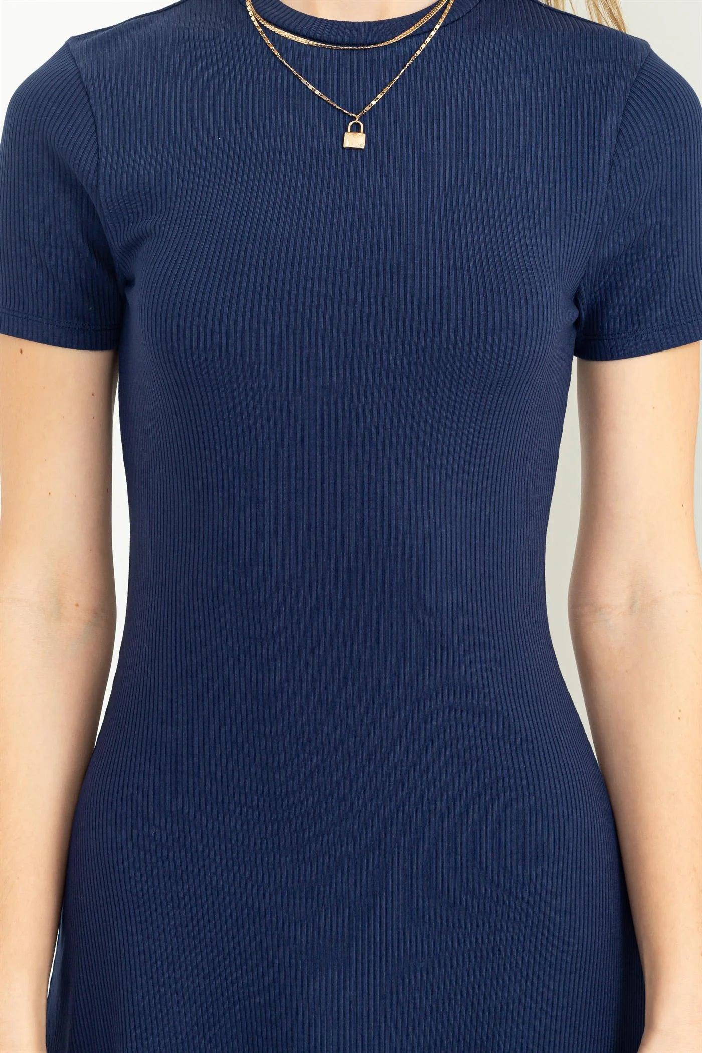 Hyfve Double Zero True Confessions Ribbed Short Sleeve Fit And Flare Mini Dress In Dark-Short Dresses-Hyfve-Deja Nu Boutique, Women's Fashion Boutique in Lampasas, Texas