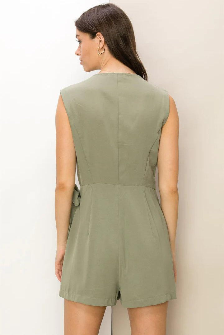 Hyfve Flirty Flair Knot-Detail Wrap-Effect Romper In Olive-Rompers & Jumpsuits-Hyfve-Deja Nu Boutique, Women's Fashion Boutique in Lampasas, Texas