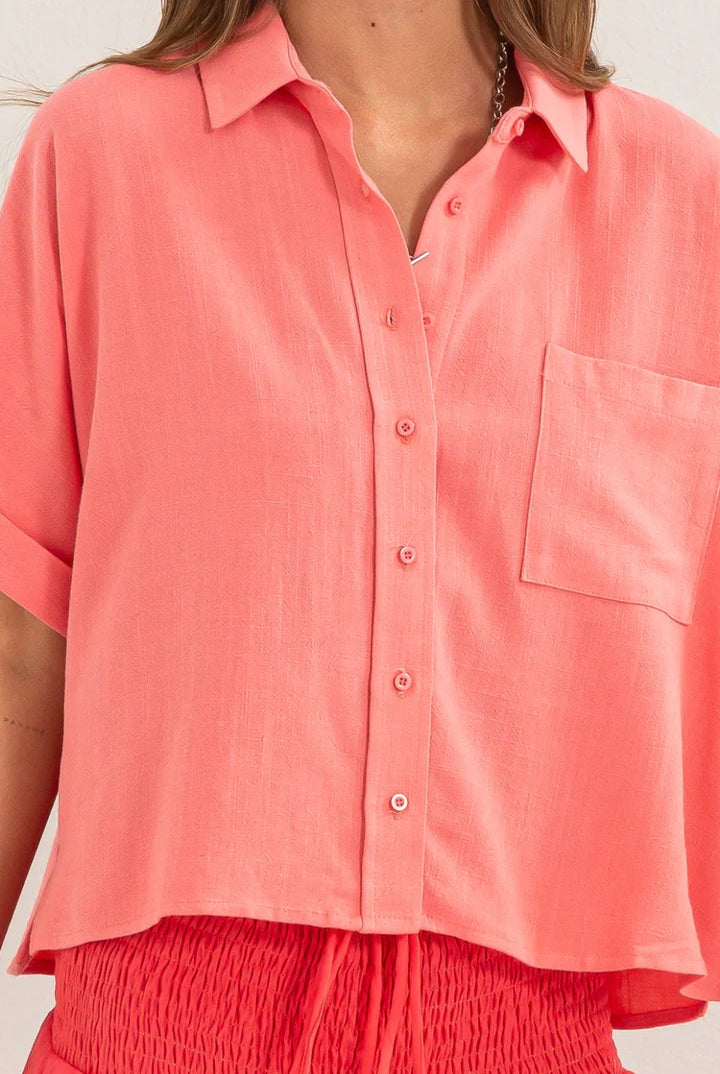 Hyfve Keep It Casual Linen Blend Shirt In Pink-Tops-Hyfve-Deja Nu Boutique, Women's Fashion Boutique in Lampasas, Texas