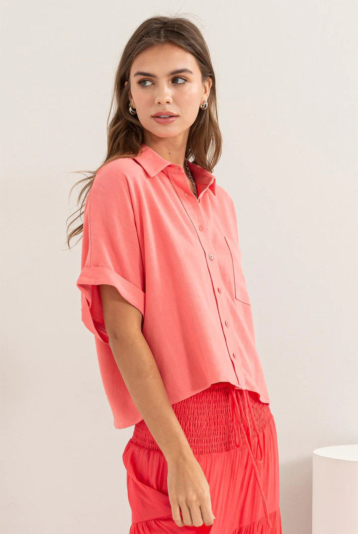 Hyfve Keep It Casual Linen Blend Shirt In Pink-Tops-Hyfve-Deja Nu Boutique, Women's Fashion Boutique in Lampasas, Texas