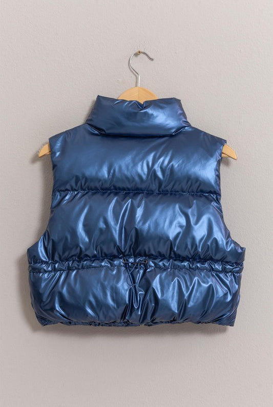 Hyfve Crop Puffer Vest in Metallic Blue-Vest-Hyfve-Deja Nu Boutique, Women's Fashion Boutique in Lampasas, Texas