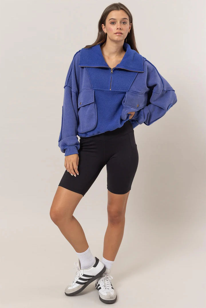 Hyfve Mineral Washed French Terry Sweatshirt In Blue-Sweaters-Hyfve-Deja Nu Boutique, Women's Fashion Boutique in Lampasas, Texas