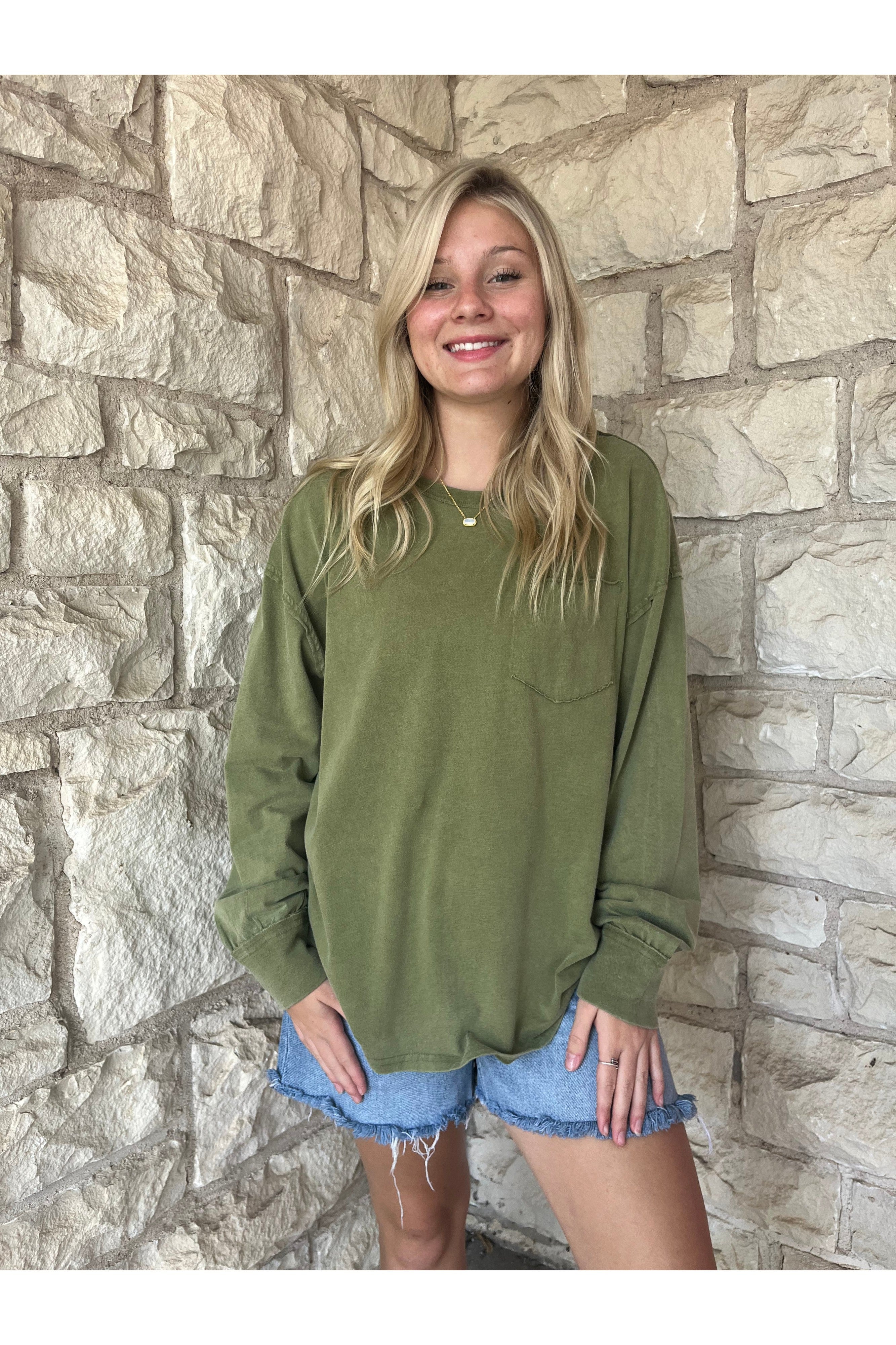 Hyfve Double Zero Oversized Washed Long Sleeve Pocket Tee In Moss-Tops-Hyfve-Deja Nu Boutique, Women's Fashion Boutique in Lampasas, Texas