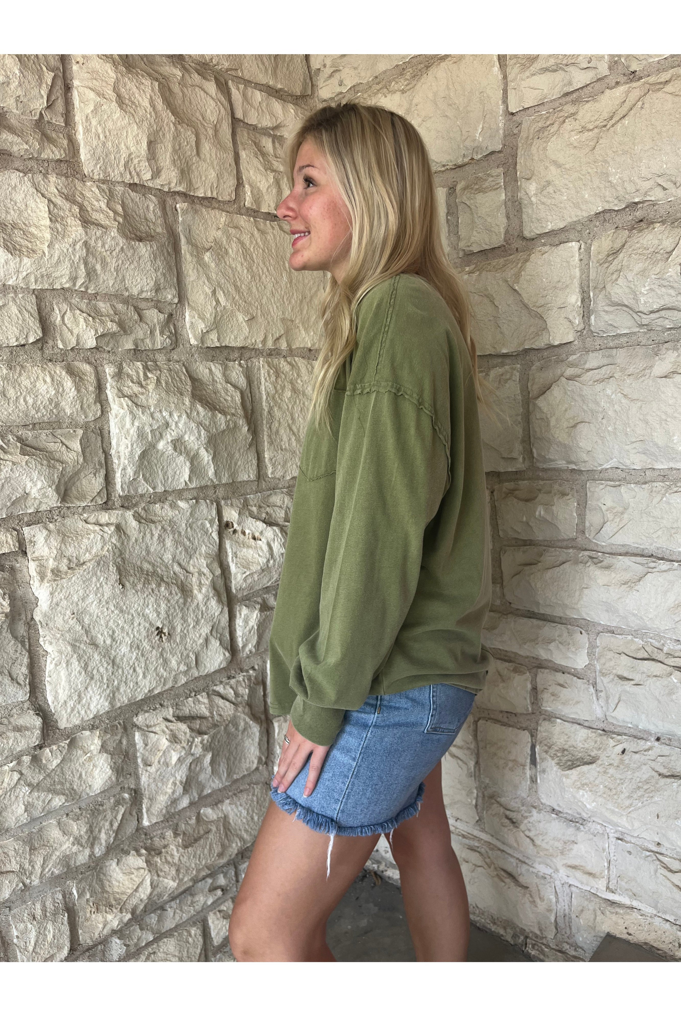 Hyfve Double Zero Oversized Washed Long Sleeve Pocket Tee In Moss-Tops-Hyfve-Deja Nu Boutique, Women's Fashion Boutique in Lampasas, Texas