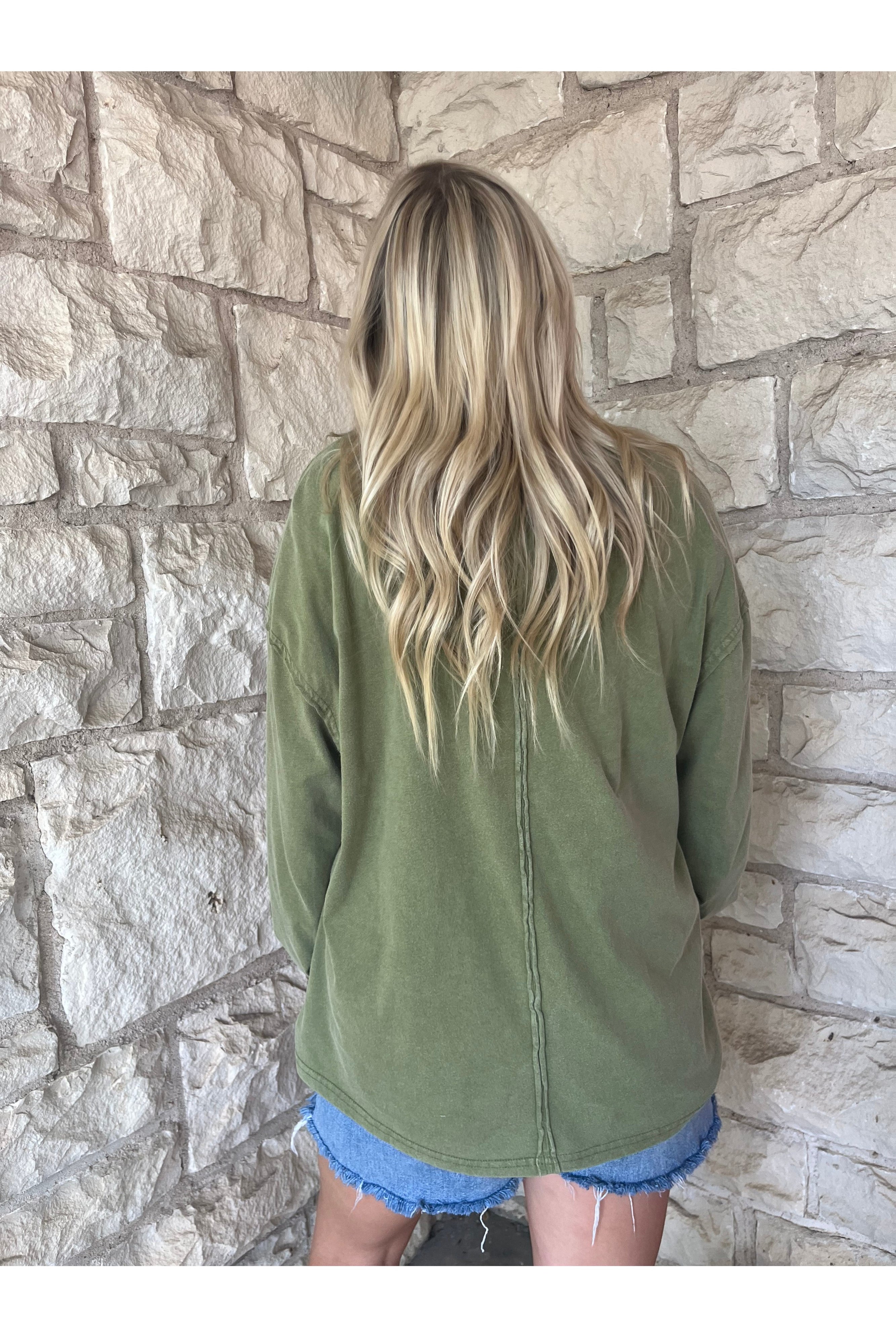 Hyfve Double Zero Oversized Washed Long Sleeve Pocket Tee In Moss-Tops-Hyfve-Deja Nu Boutique, Women's Fashion Boutique in Lampasas, Texas