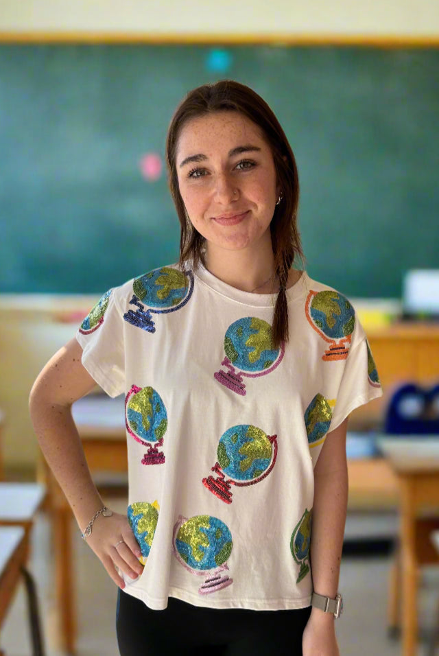 Queen of Sparkles White Globe Tee-shirts-Queen Of Sparkles-Deja Nu Boutique, Women's Fashion Boutique in Lampasas, Texas