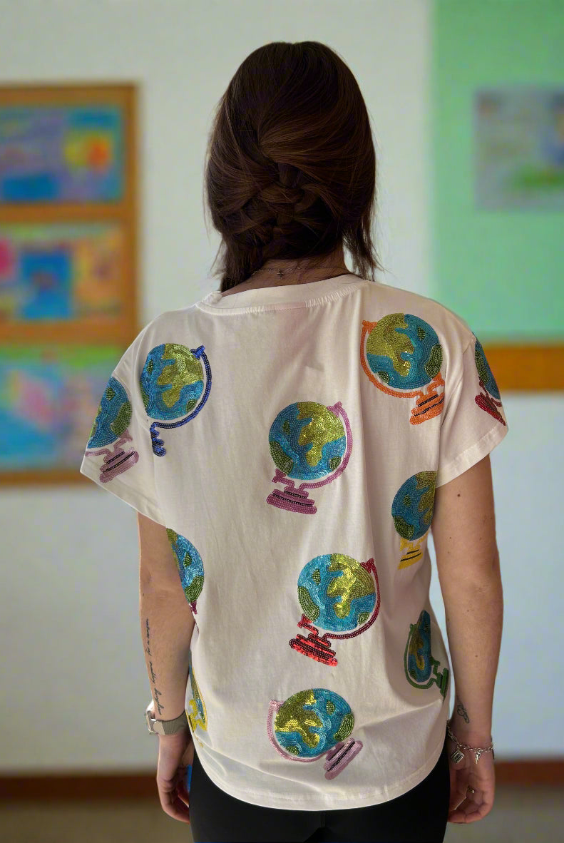 Queen of Sparkles White Globe Tee-shirts-Queen Of Sparkles-Deja Nu Boutique, Women's Fashion Boutique in Lampasas, Texas