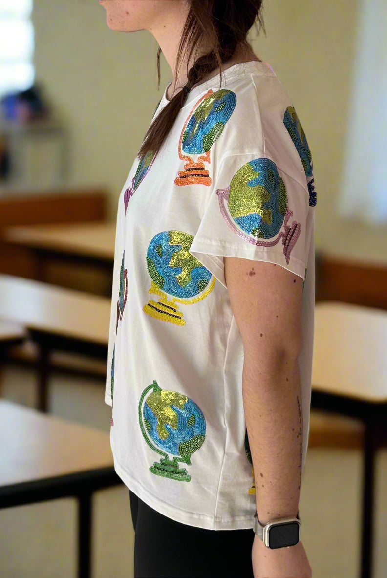 Queen of Sparkles White Globe Tee-shirts-Queen Of Sparkles-Deja Nu Boutique, Women's Fashion Boutique in Lampasas, Texas