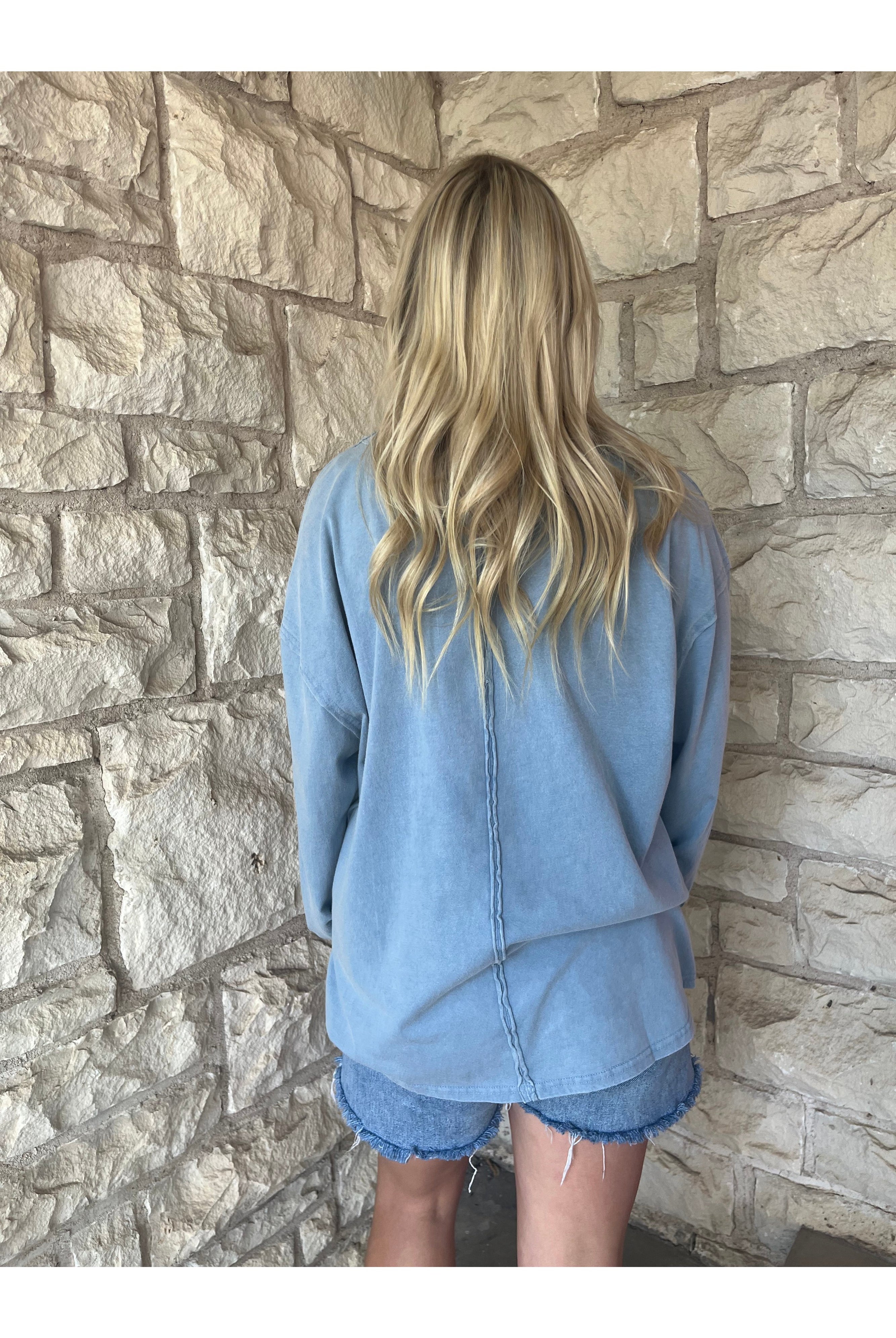 Hyfve Double Zero Oversized Washed Long Sleeve Pocket Tee In Grey Blue-Tops-Hyfve-Deja Nu Boutique, Women's Fashion Boutique in Lampasas, Texas