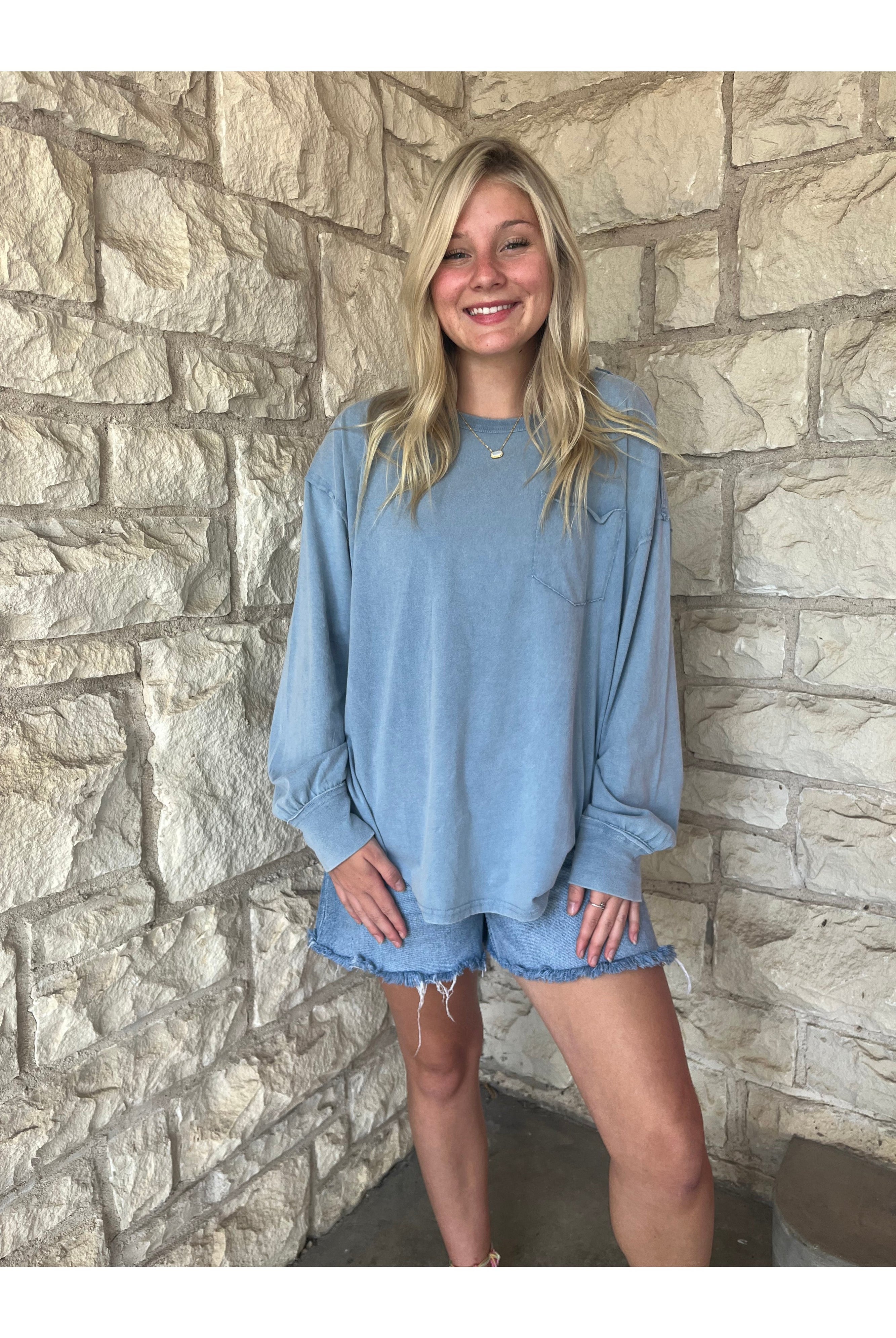 Hyfve Double Zero Oversized Washed Long Sleeve Pocket Tee In Grey Blue-Tops-Hyfve-Deja Nu Boutique, Women's Fashion Boutique in Lampasas, Texas