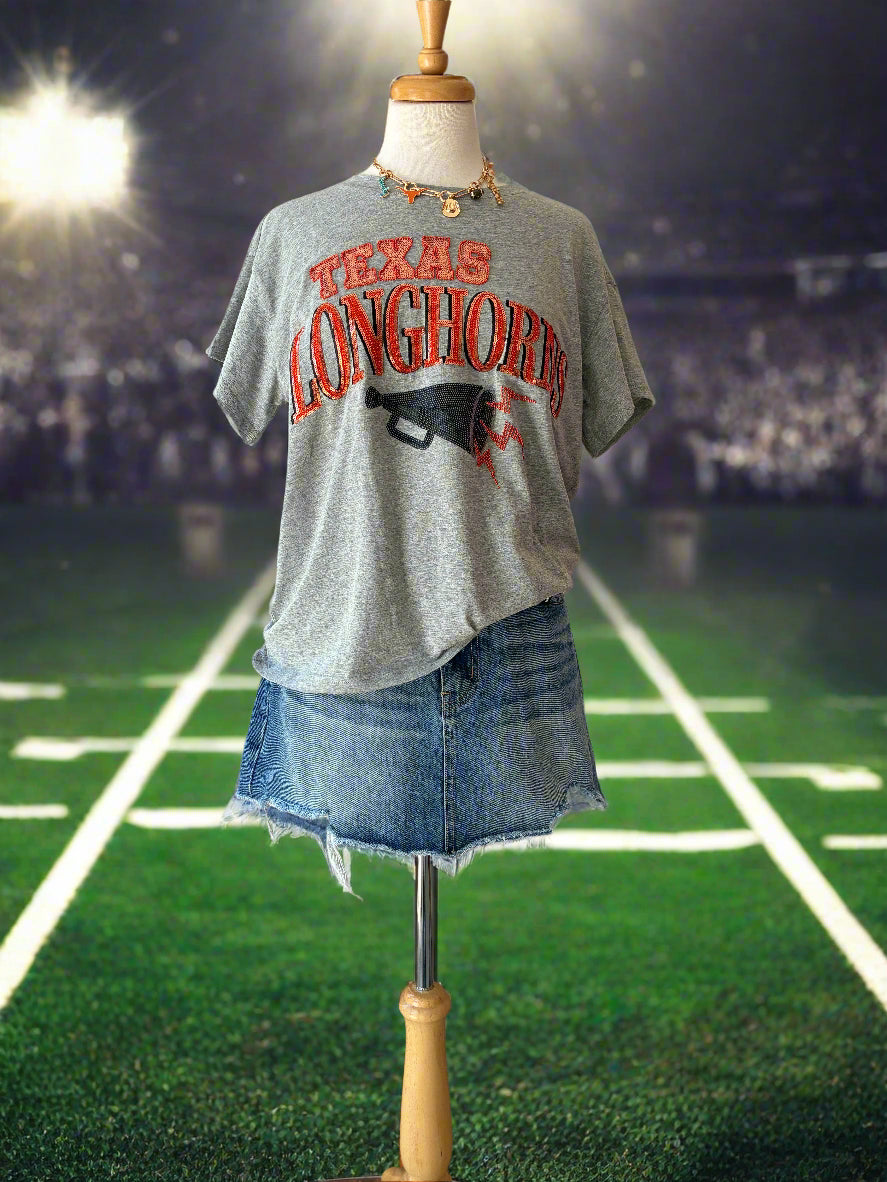 Queen of Sparkles Licensed Texas Longhorns Megaphone Icons Tee – Game Day Glitter in Gray-T-Shirts-Queen Of Sparkles-Deja Nu Boutique, Women's Fashion Boutique in Lampasas, Texas