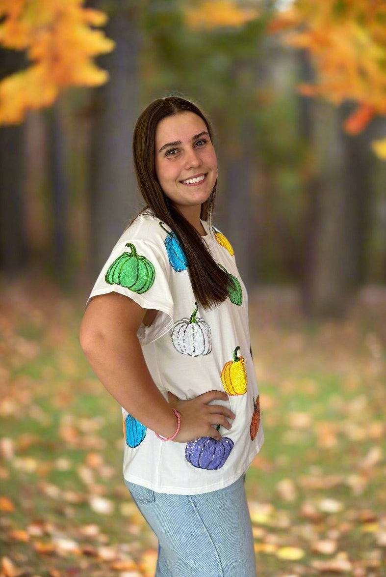 Queen Of Sparkles White Scattered Multi Pumpkin Tee-Tops-Queen Of Sparkles-Deja Nu Boutique, Women's Fashion Boutique in Lampasas, Texas