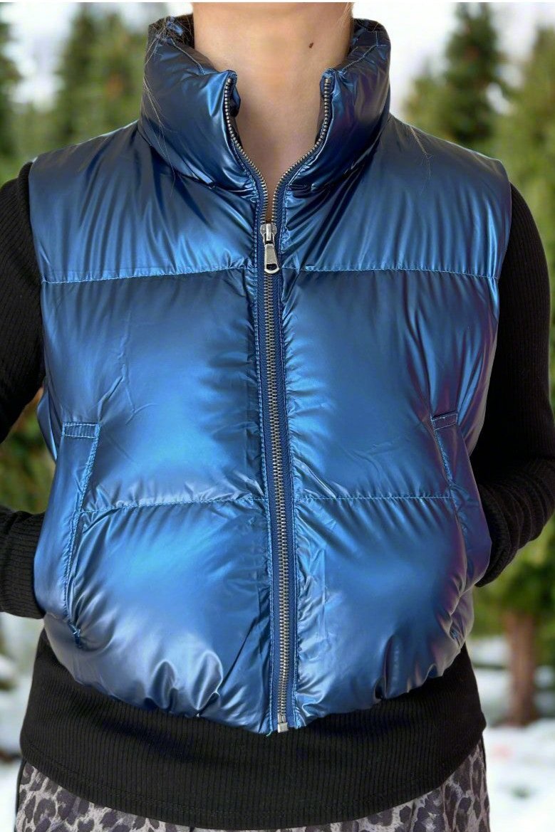 Hyfve Crop Puffer Vest in Metallic Blue-Vest-Hyfve-Deja Nu Boutique, Women's Fashion Boutique in Lampasas, Texas