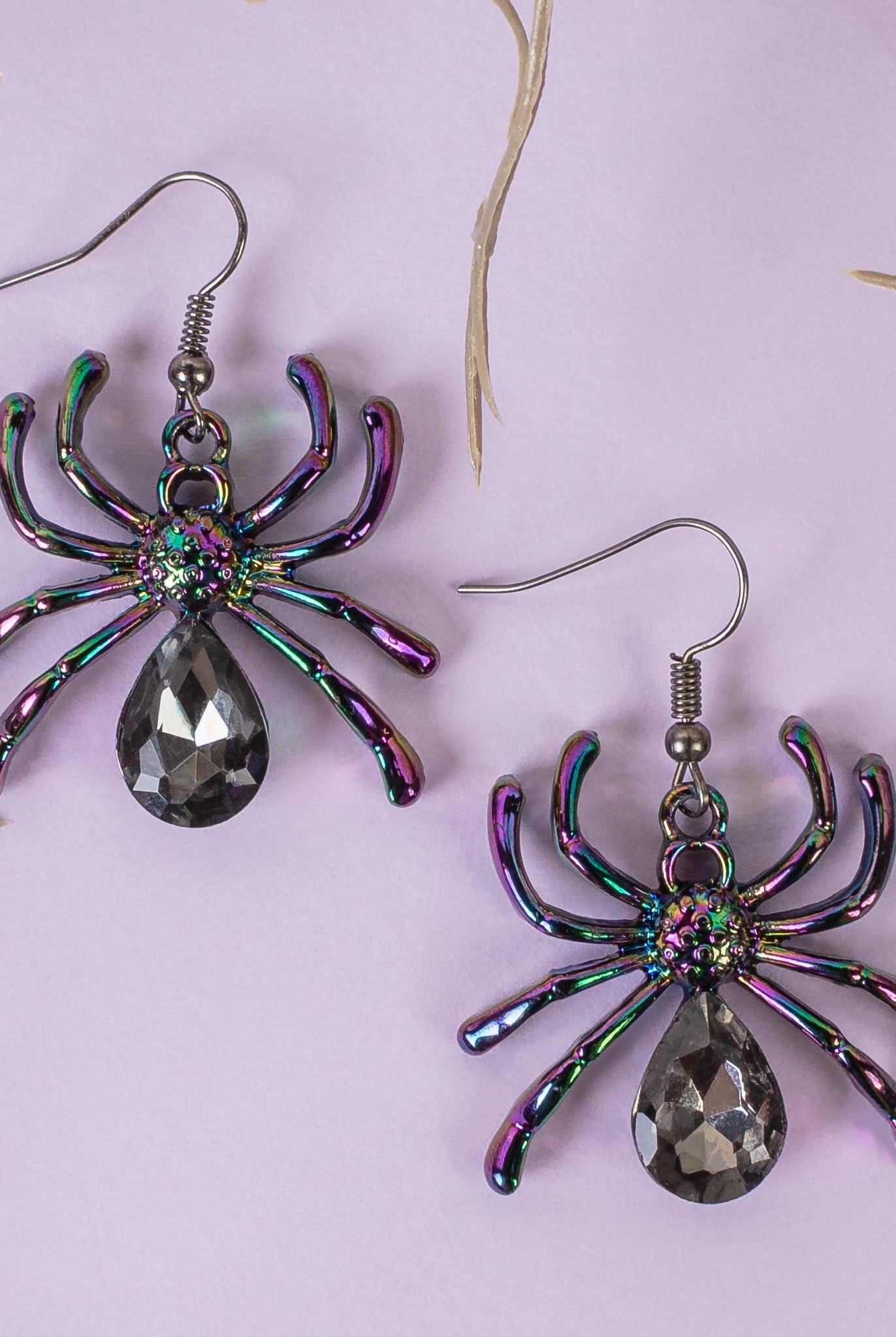 Iridescent Spider Drop Earrings with Crystal Teardrop Accent-Earrings-Deja Nu Tx-Deja Nu Boutique, Women's Fashion Boutique in Lampasas, Texas