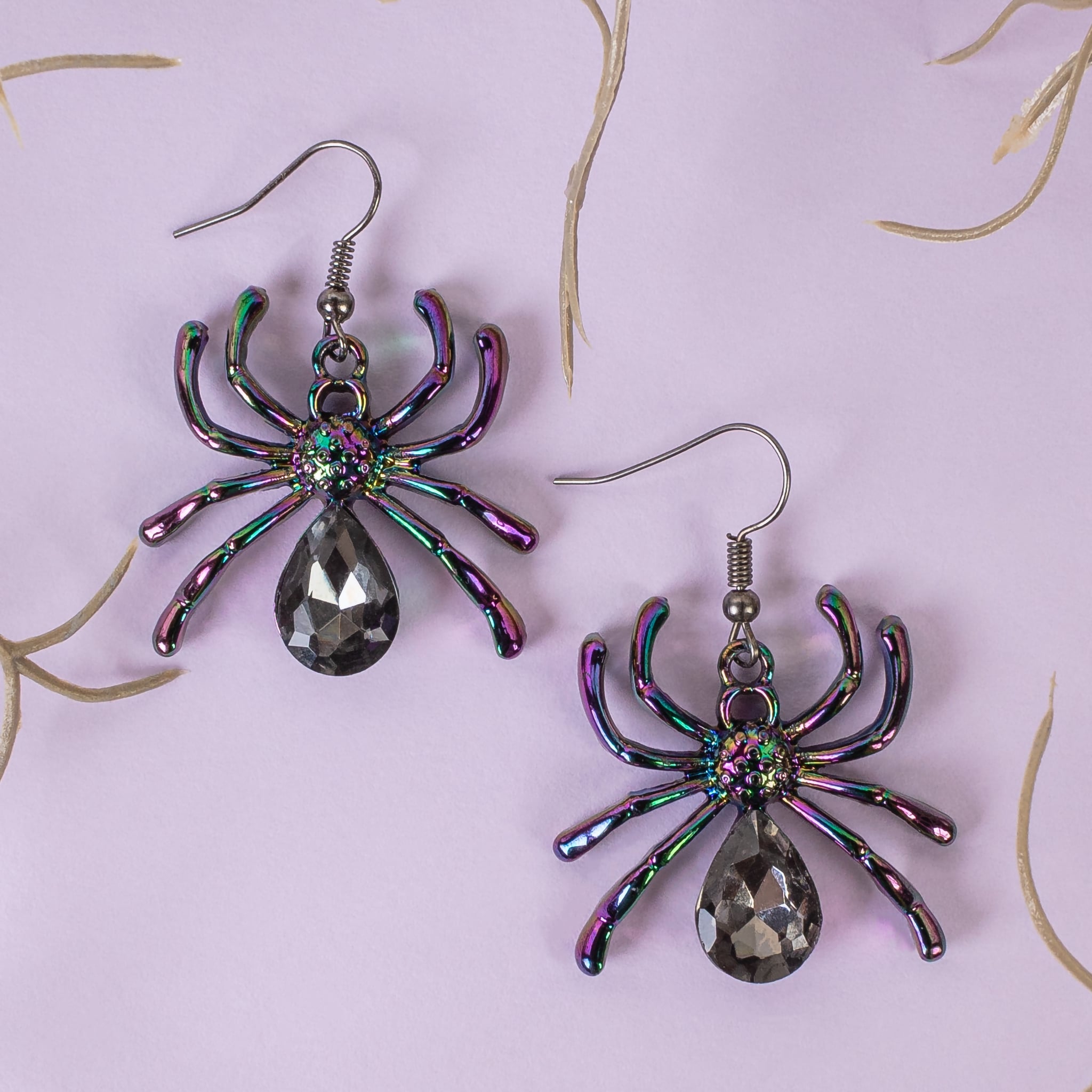 Iridescent Spider Drop Earrings with Crystal Teardrop Accent-Earrings-Deja Nu Tx-Deja Nu Boutique, Women's Fashion Boutique in Lampasas, Texas