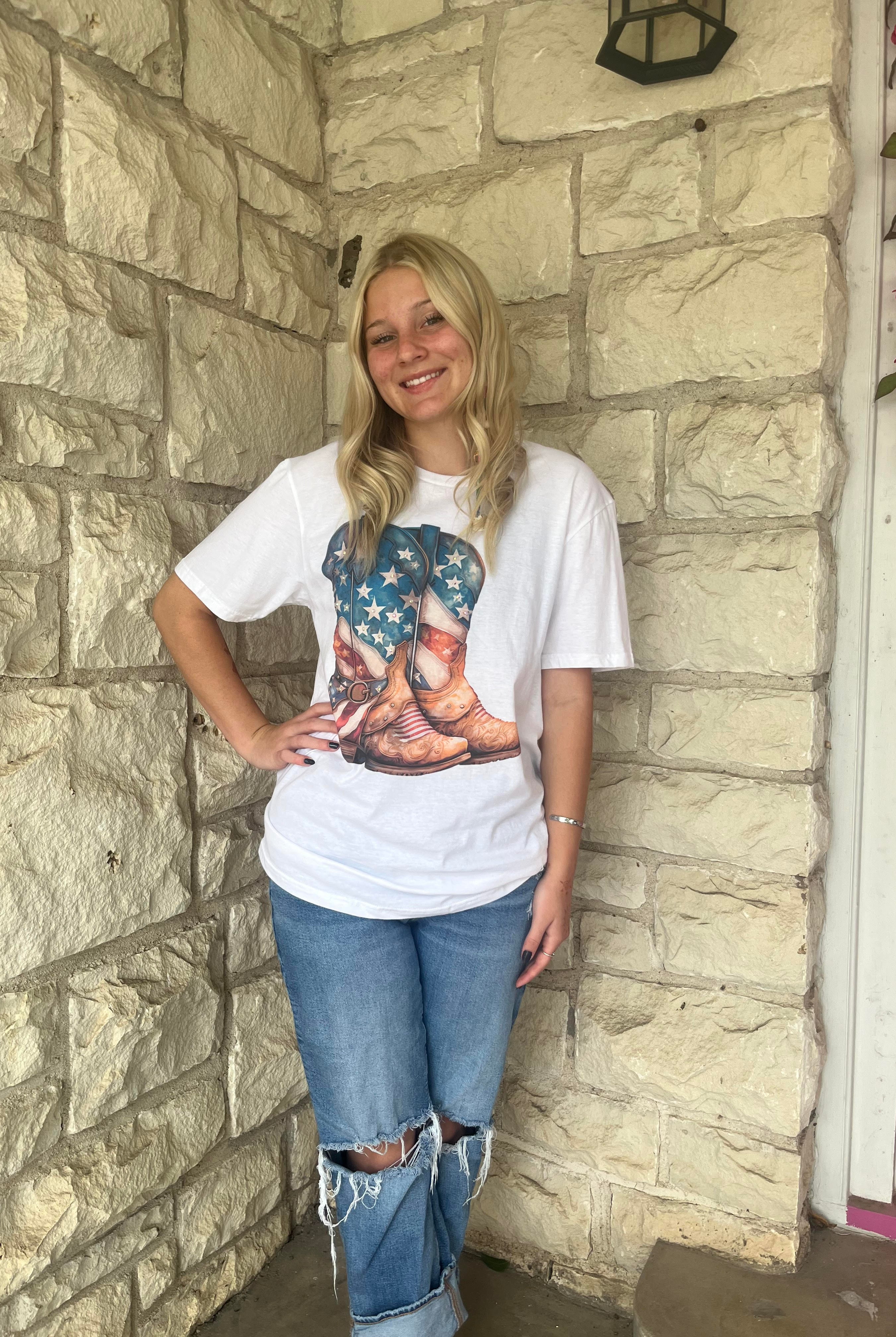 J. Coons American Flag Cowboy Boots Tee-shirts-J. Coons-Deja Nu Boutique, Women's Fashion Boutique in Lampasas, Texas