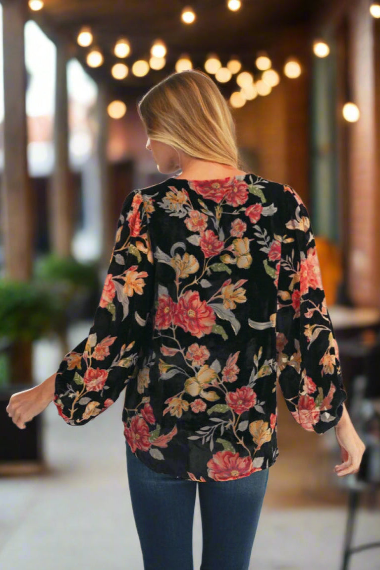 JODIFL Black Burnout Velvet Floral Blouse-Tops-Jodifl-Deja Nu Boutique, Women's Fashion Boutique in Lampasas, Texas