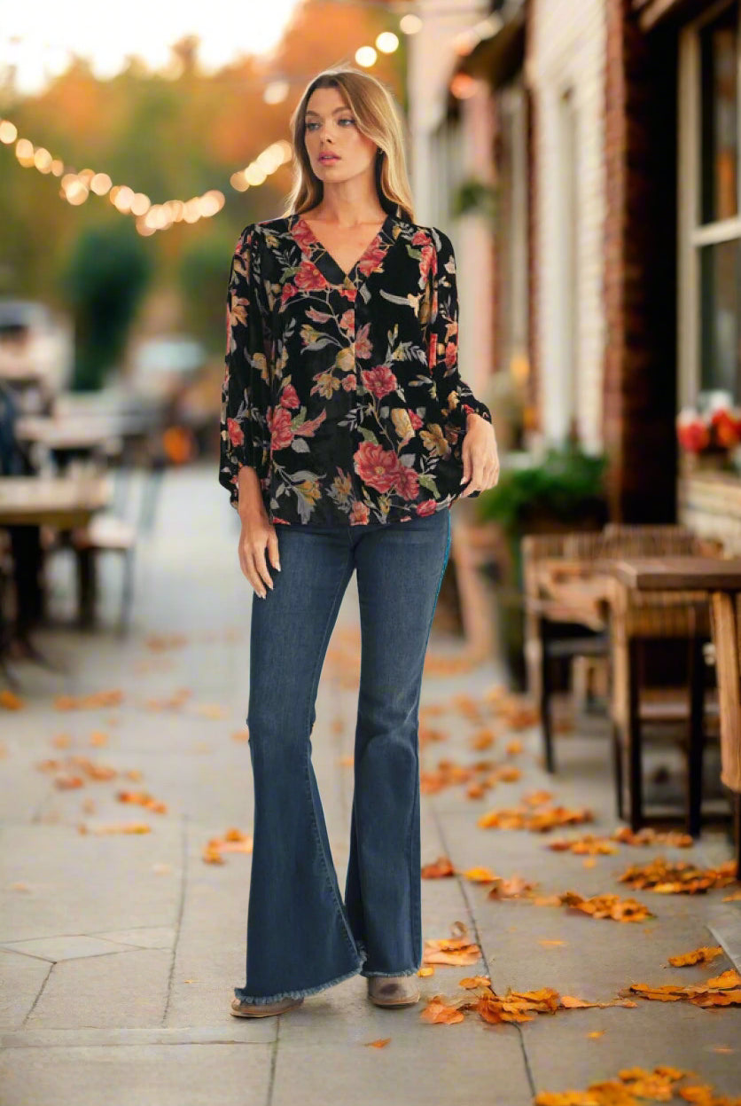 JODIFL Black Burnout Velvet Floral Blouse-Tops-Jodifl-Deja Nu Boutique, Women's Fashion Boutique in Lampasas, Texas