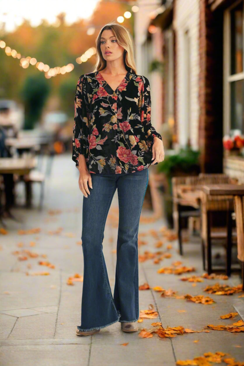 JODIFL Black Burnout Velvet Floral Blouse-Tops-Jodifl-Deja Nu Boutique, Women's Fashion Boutique in Lampasas, Texas