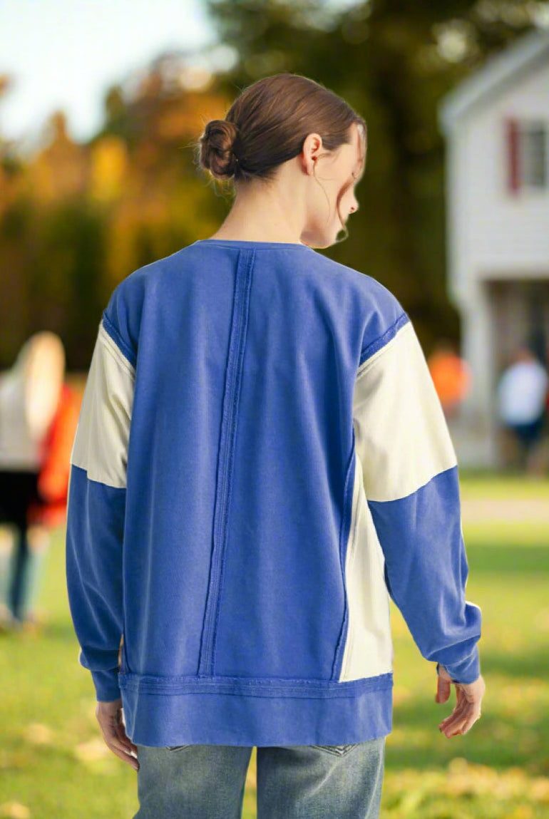 JODIFL Gameday Colorblock Sweatshirt in Royal Blue-Tops-Jodifl-Deja Nu Boutique, Women's Fashion Boutique in Lampasas, Texas
