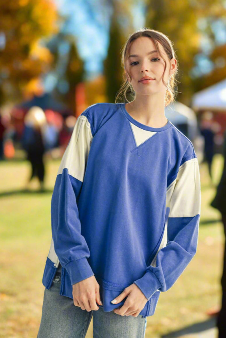 JODIFL Gameday Colorblock Sweatshirt in Royal Blue-Tops-Jodifl-Deja Nu Boutique, Women's Fashion Boutique in Lampasas, Texas