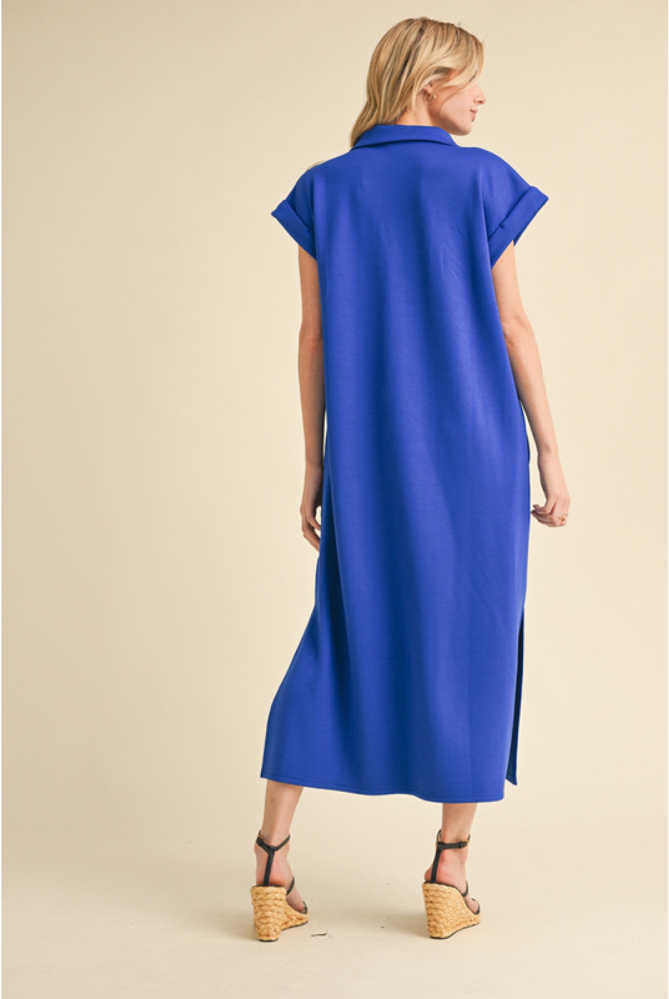 JODIFL Royal Blue Collared Midi Dress with Pockets and Side Slit-Dresses-Jodifl-Deja Nu Boutique, Women's Fashion Boutique in Lampasas, Texas