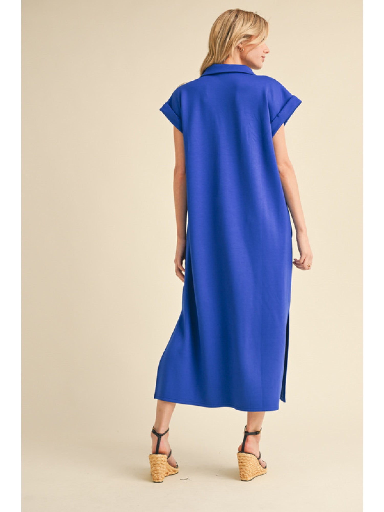 JODIFL Royal Blue Collared Midi Dress with Pockets and Side Slit-Dresses-Jodifl-Deja Nu Boutique, Women's Fashion Boutique in Lampasas, Texas