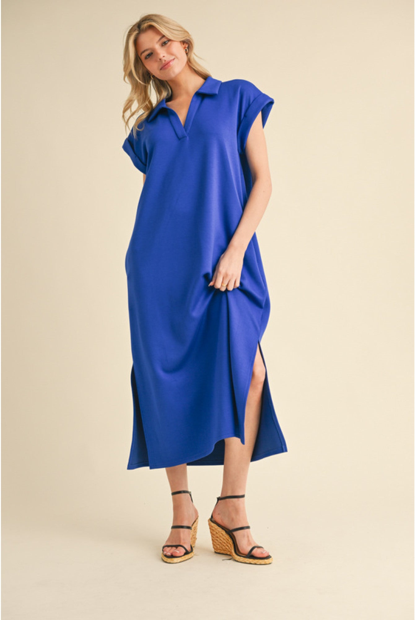 JODIFL Royal Blue Collared Midi Dress with Pockets and Side Slit-Dresses-Jodifl-Deja Nu Boutique, Women's Fashion Boutique in Lampasas, Texas