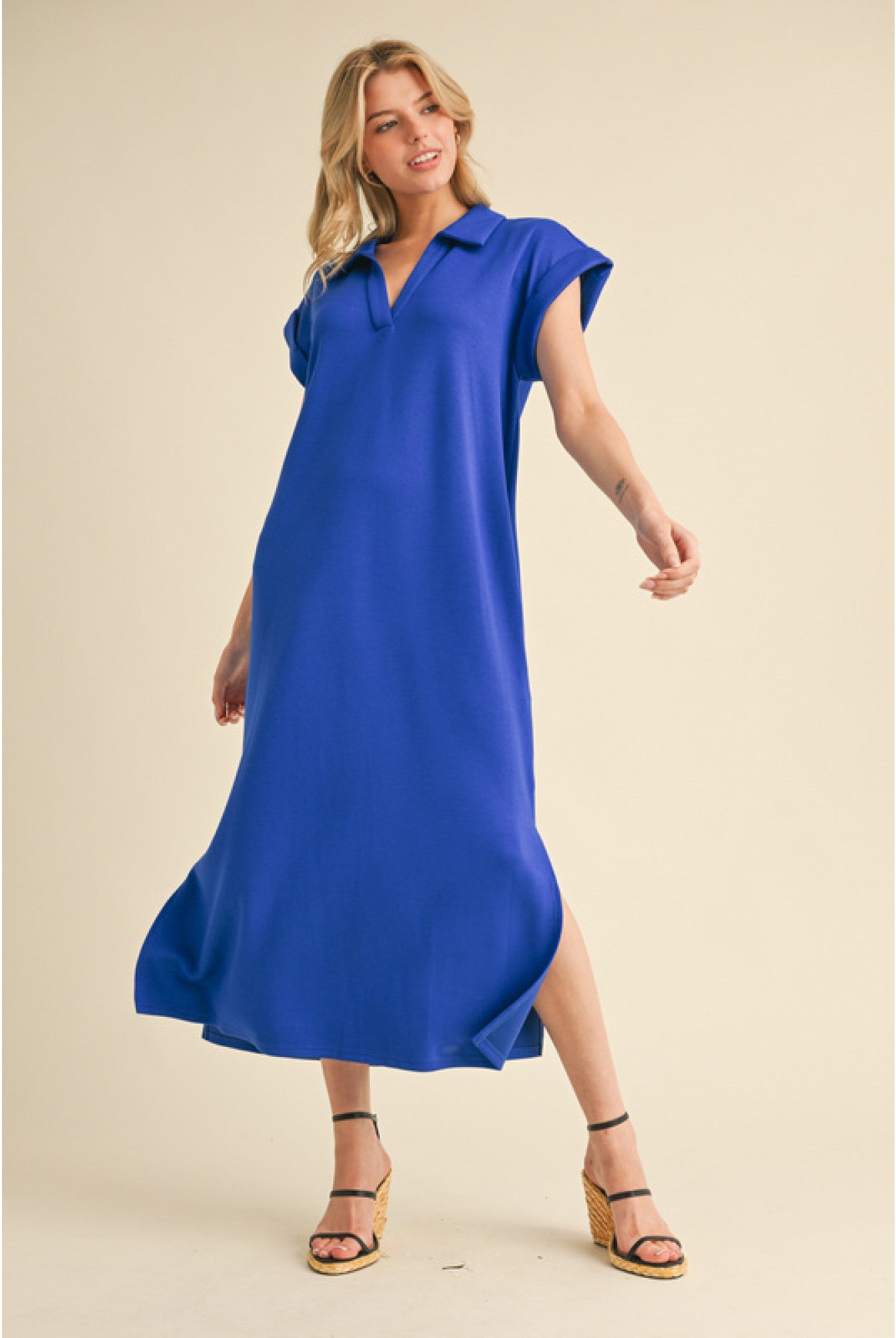 JODIFL Royal Blue Collared Midi Dress with Pockets and Side Slit-Dresses-Jodifl-Deja Nu Boutique, Women's Fashion Boutique in Lampasas, Texas