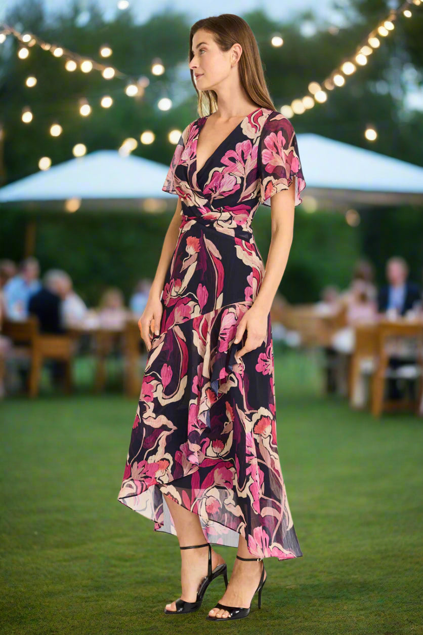 Jean by Maggy London Flutter Sleeve High-Low Midi Dress in Pink & Black-Midi Dresses-Maggy London-Deja Nu Boutique, Women's Fashion Boutique in Lampasas, Texas