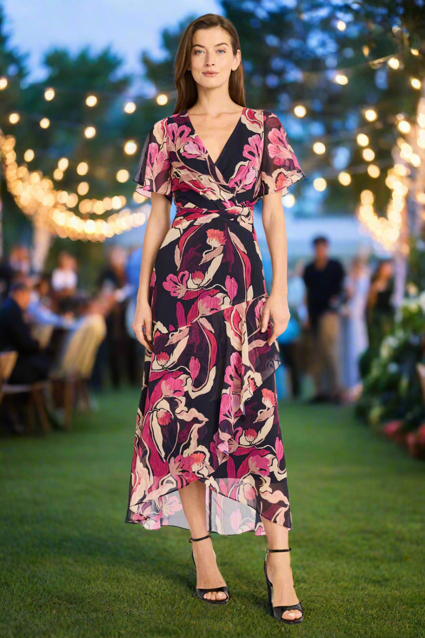 Jean by Maggy London Flutter Sleeve High-Low Midi Dress in Pink & Black-Midi Dresses-Maggy London-Deja Nu Boutique, Women's Fashion Boutique in Lampasas, Texas