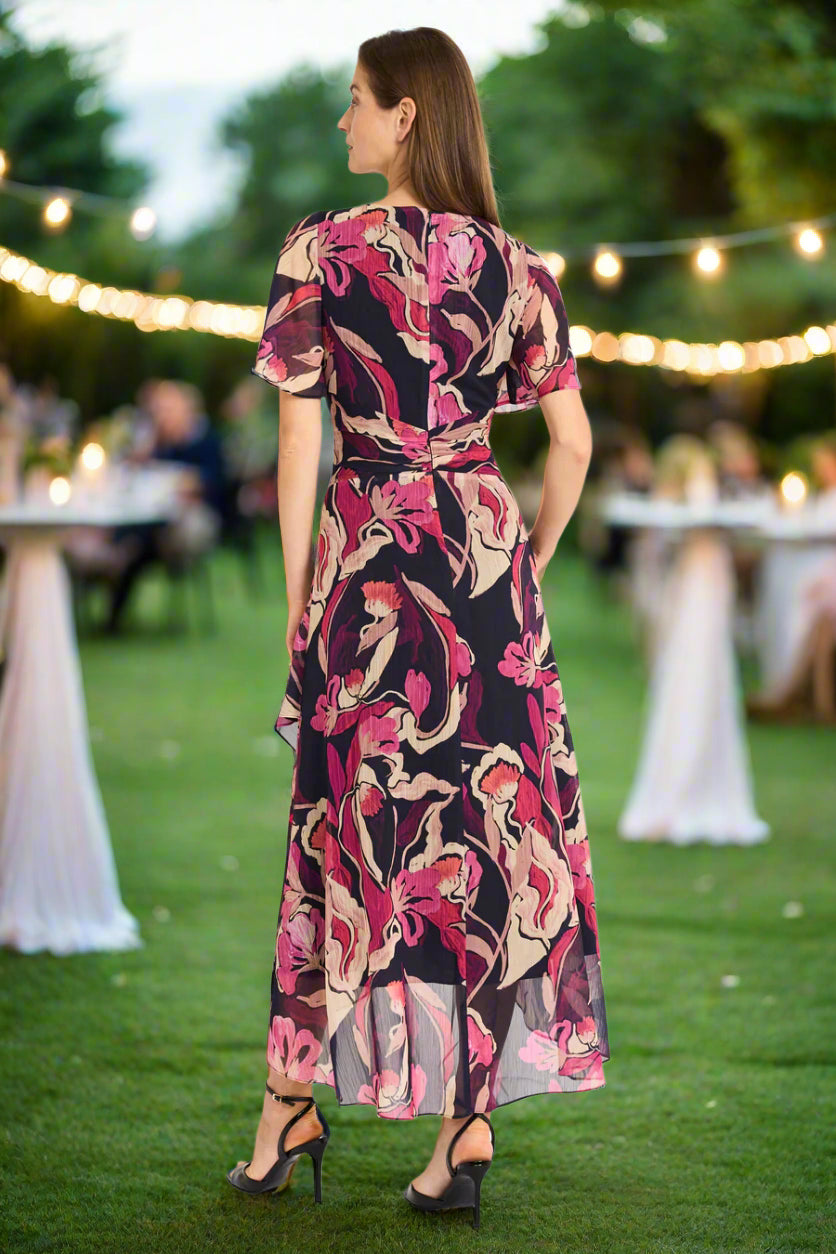 Jean by Maggy London Flutter Sleeve High-Low Midi Dress in Pink & Black-Midi Dresses-Maggy London-Deja Nu Boutique, Women's Fashion Boutique in Lampasas, Texas