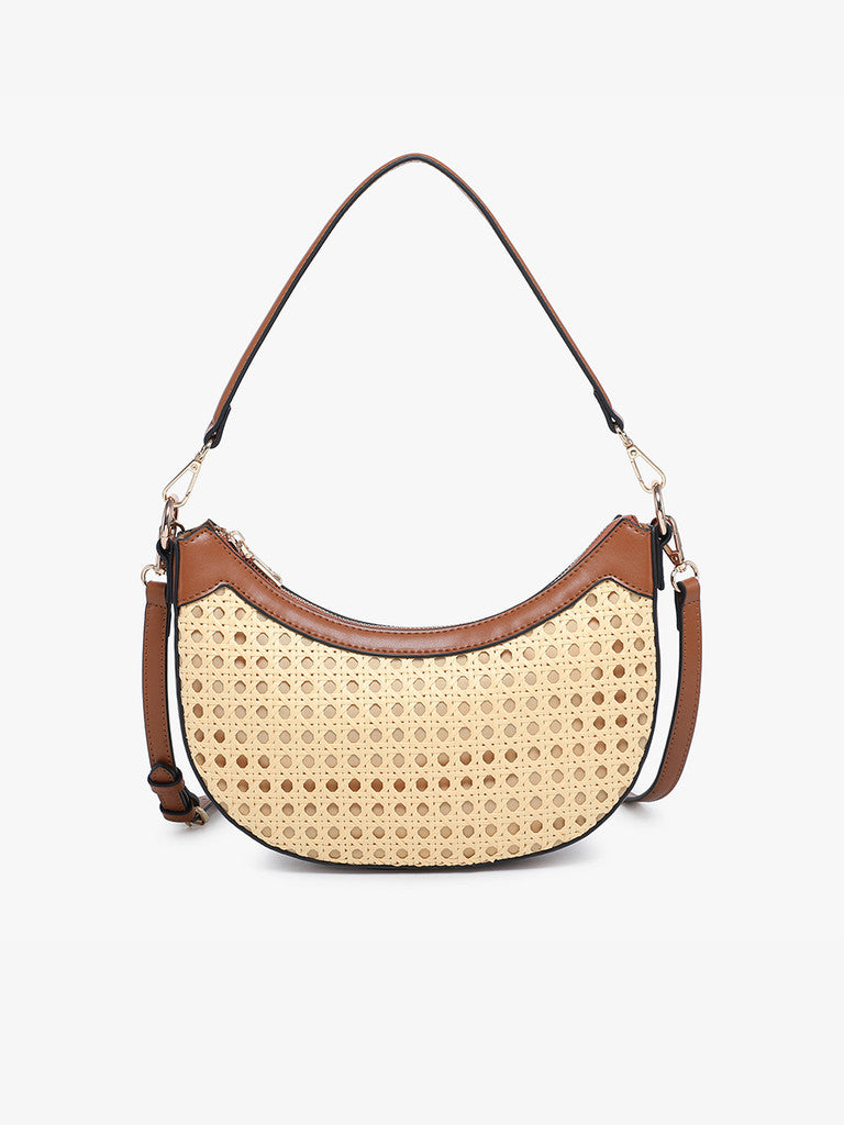 Jen & Co. Daisy Half-Moon Rattan Crossbody with Vegan Leather – Natural/Brown-Handbags, Wallets & Cases-Jen & Co.-Deja Nu Boutique, Women's Fashion Boutique in Lampasas, Texas