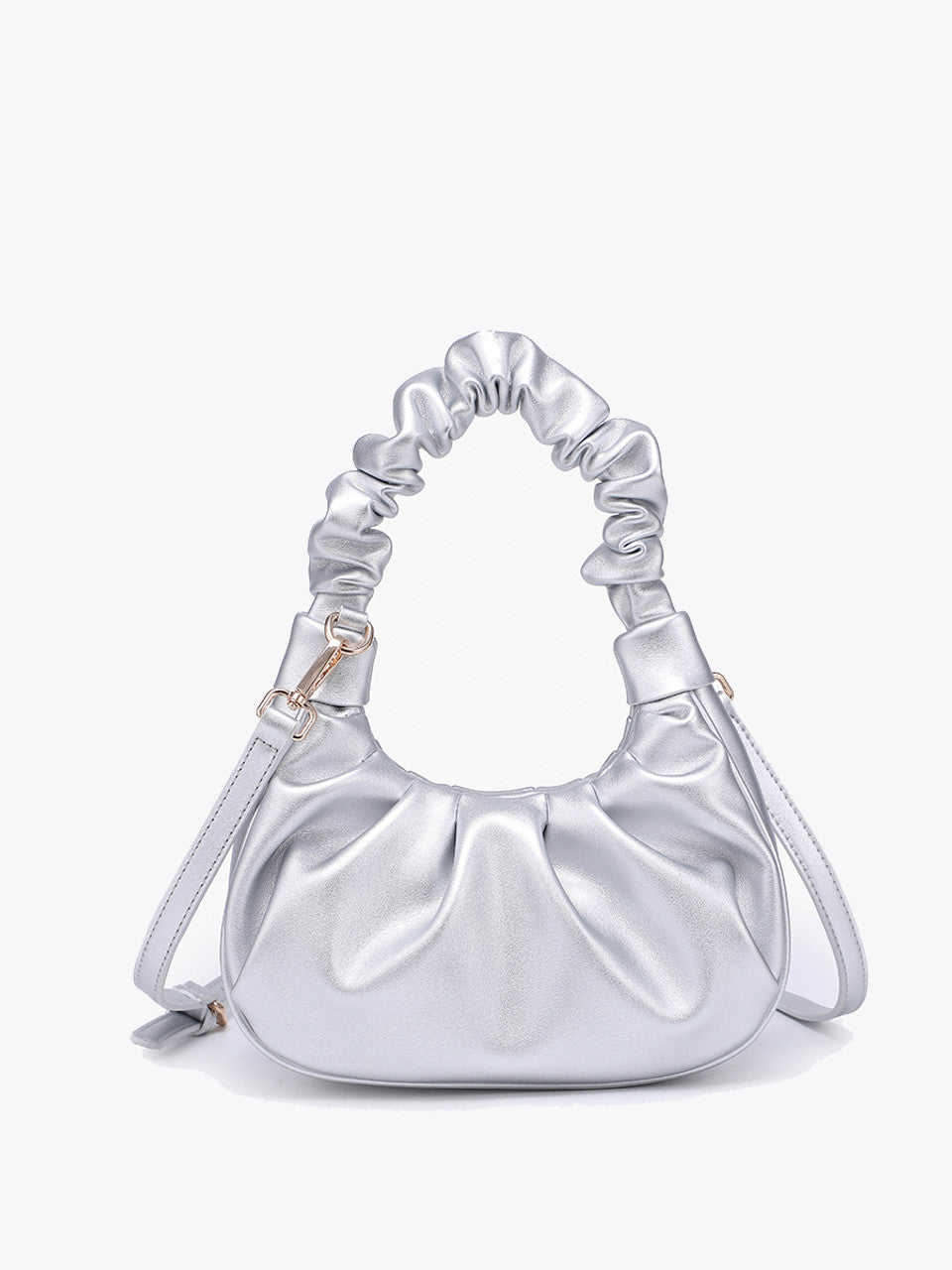 Jen & Co. Berkley Ruched Shoulder Bag in Berkley Silver | Modern Metallic Mini Satchel-Handbags, Wallets & Cases-Jen & Co.-Deja Nu Boutique, Women's Fashion Boutique in Lampasas, Texas