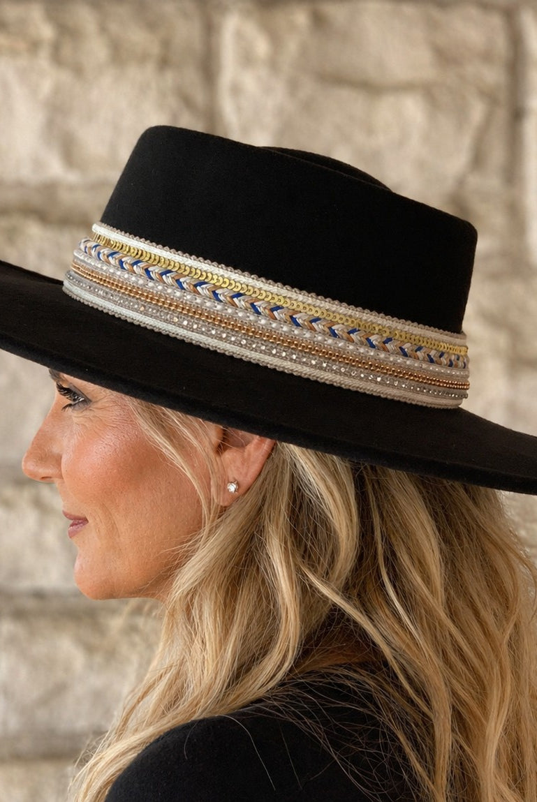 Jen & Co. Blaze Multi Trim Wide Brim Fedora Hat In Black-Hats-Jen & Co.-Deja Nu Boutique, Women's Fashion Boutique in Lampasas, Texas