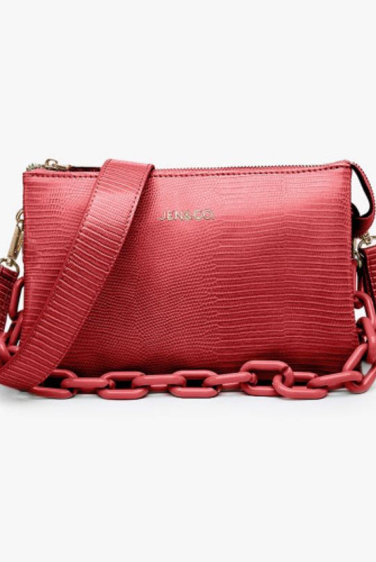 Jen & Co Izzy Lizard Crossbody With Chain Strap In Red-Handbags, Wallets & Cases-Jen & Co.-Deja Nu Boutique, Women's Fashion Boutique in Lampasas, Texas