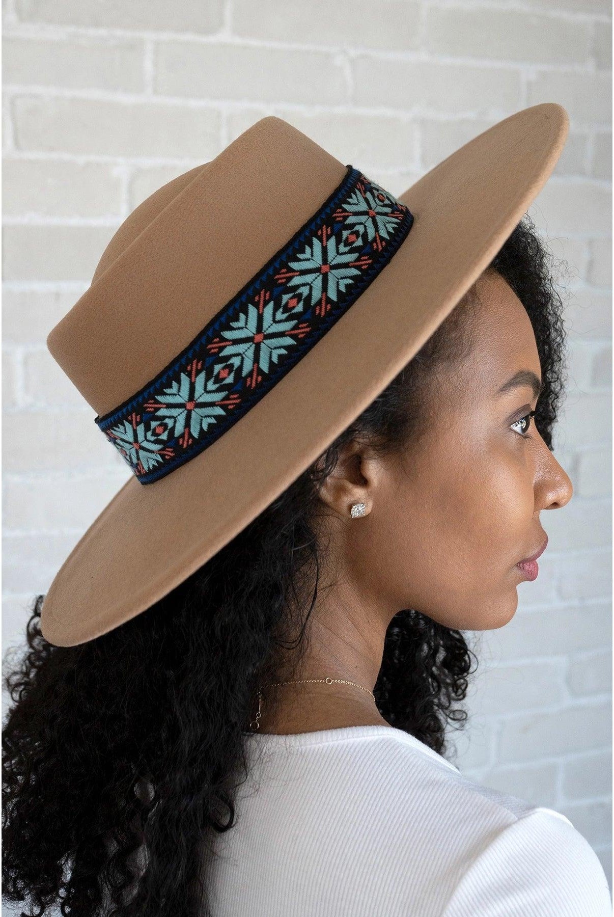 Jen & Co Mirta Aztec Trim Wide Brim Fedora Hat In Tan-Hats-Jen & Co.-Deja Nu Boutique, Women's Fashion Boutique in Lampasas, Texas