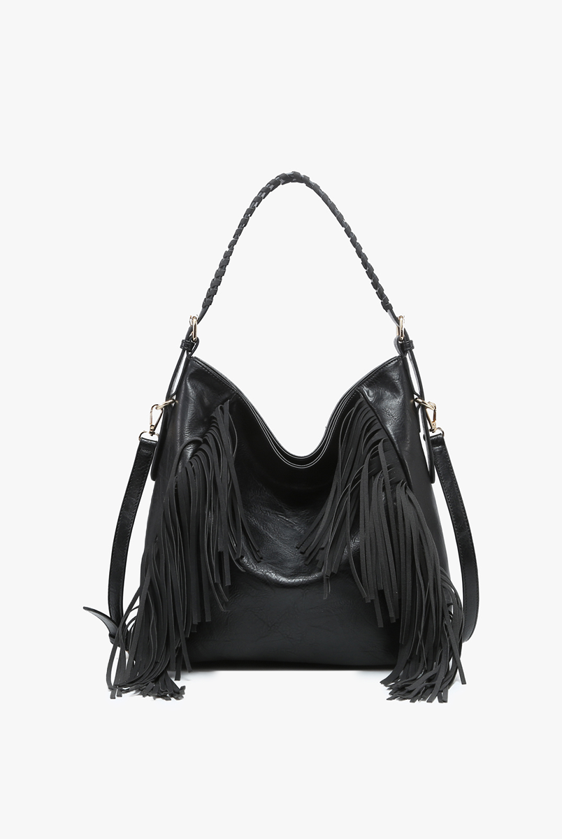 Jen & Co Sav Distressed Hobo With Fringe Detail In Black-Handbags, Wallets & Cases-Jen & Co.-Deja Nu Boutique, Women's Fashion Boutique in Lampasas, Texas