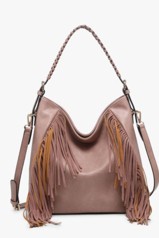 Jen & Co Sav Distressed Hobo With Fringe Detail In Mauve-Handbags, Wallets & Cases-Jen & Co.-Deja Nu Boutique, Women's Fashion Boutique in Lampasas, Texas