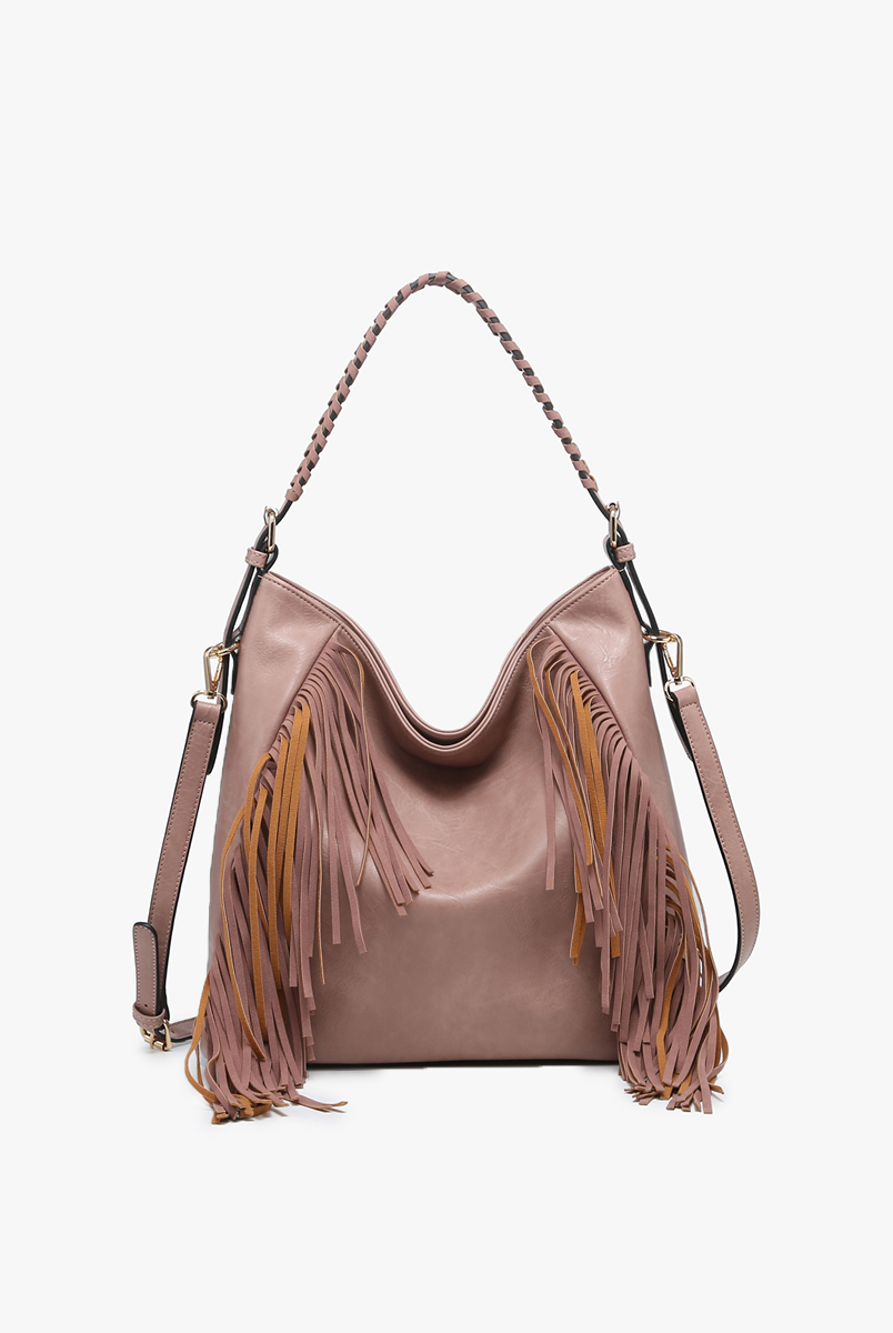 Jen & Co Sav Distressed Hobo With Fringe Detail In Mauve-Handbags, Wallets & Cases-Jen & Co.-Deja Nu Boutique, Women's Fashion Boutique in Lampasas, Texas