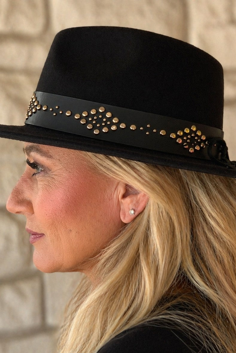 Jen & Co Glinda Grommet Trim Wide Brim Fedora Hat In Black-Hats-Jen & Co.-Deja Nu Boutique, Women's Fashion Boutique in Lampasas, Texas