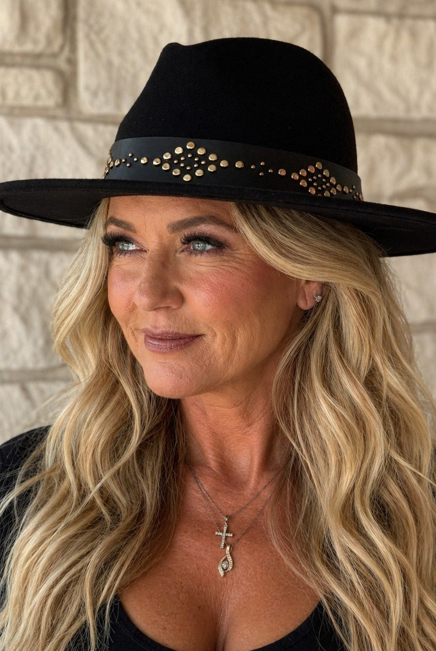 Jen & Co Glinda Grommet Trim Wide Brim Fedora Hat In Black-Hats-Jen & Co.-Deja Nu Boutique, Women's Fashion Boutique in Lampasas, Texas
