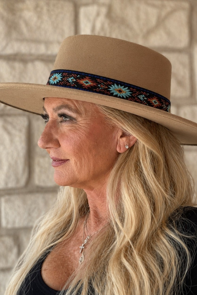 Jen & Co Mirta Aztec Trim Wide Brim Fedora Hat In Tan-Hats-Jen & Co.-Deja Nu Boutique, Women's Fashion Boutique in Lampasas, Texas