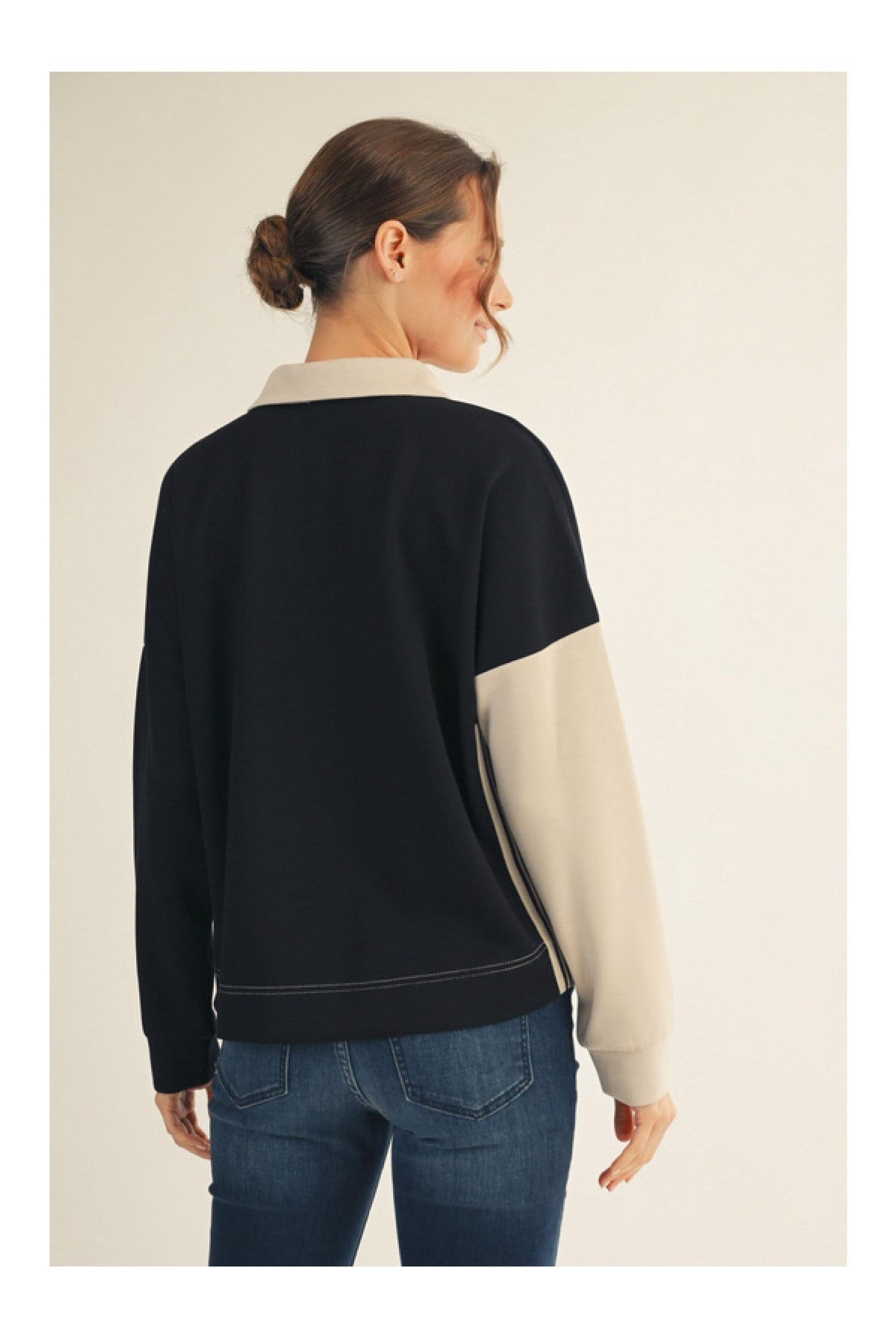 Jodifl Color Block Collared Top in Black Taupe-Tops-Jodifl-Deja Nu Boutique, Women's Fashion Boutique in Lampasas, Texas