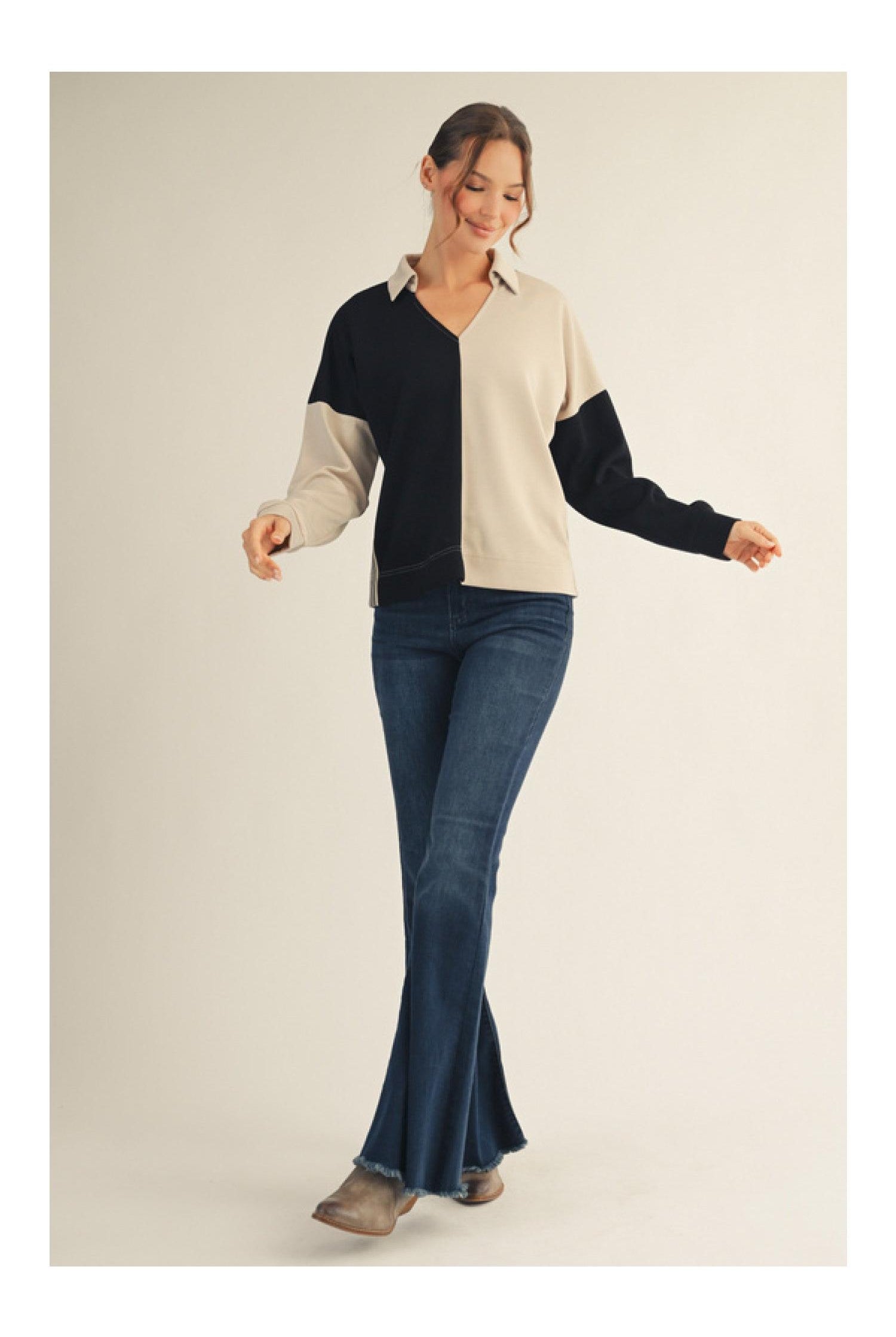 Jodifl Color Block Collared Top in Black Taupe-Tops-Jodifl-Deja Nu Boutique, Women's Fashion Boutique in Lampasas, Texas