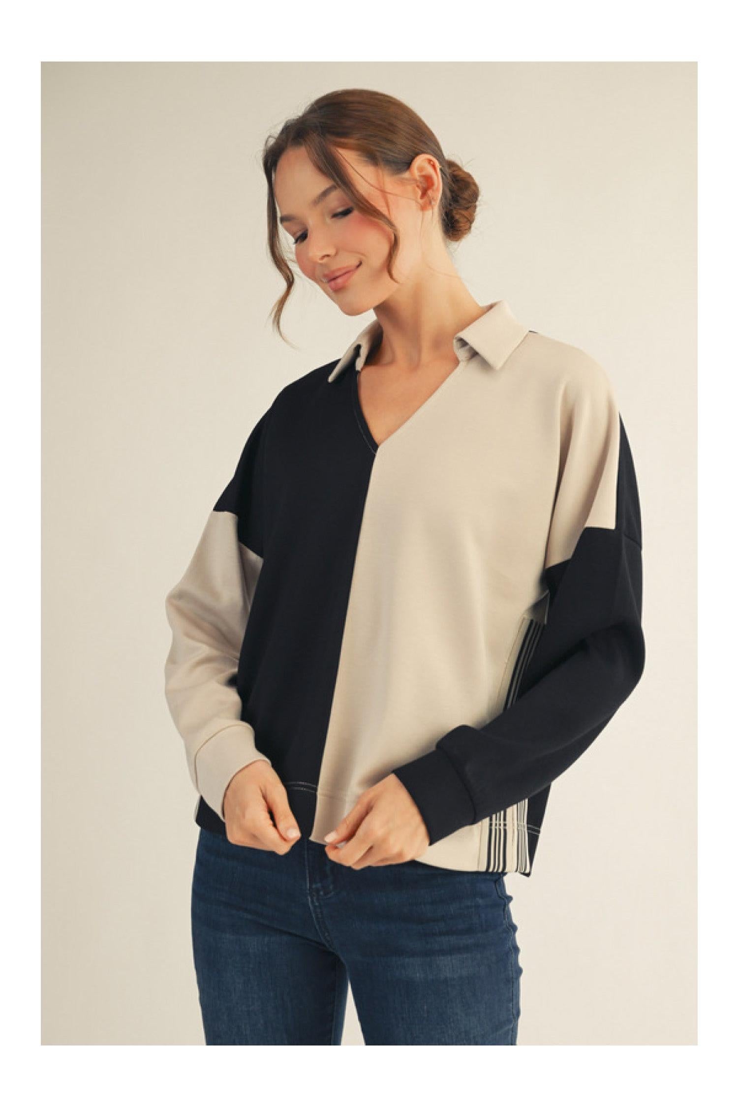 Jodifl Color Block Collared Top in Black Taupe-Tops-Jodifl-Deja Nu Boutique, Women's Fashion Boutique in Lampasas, Texas