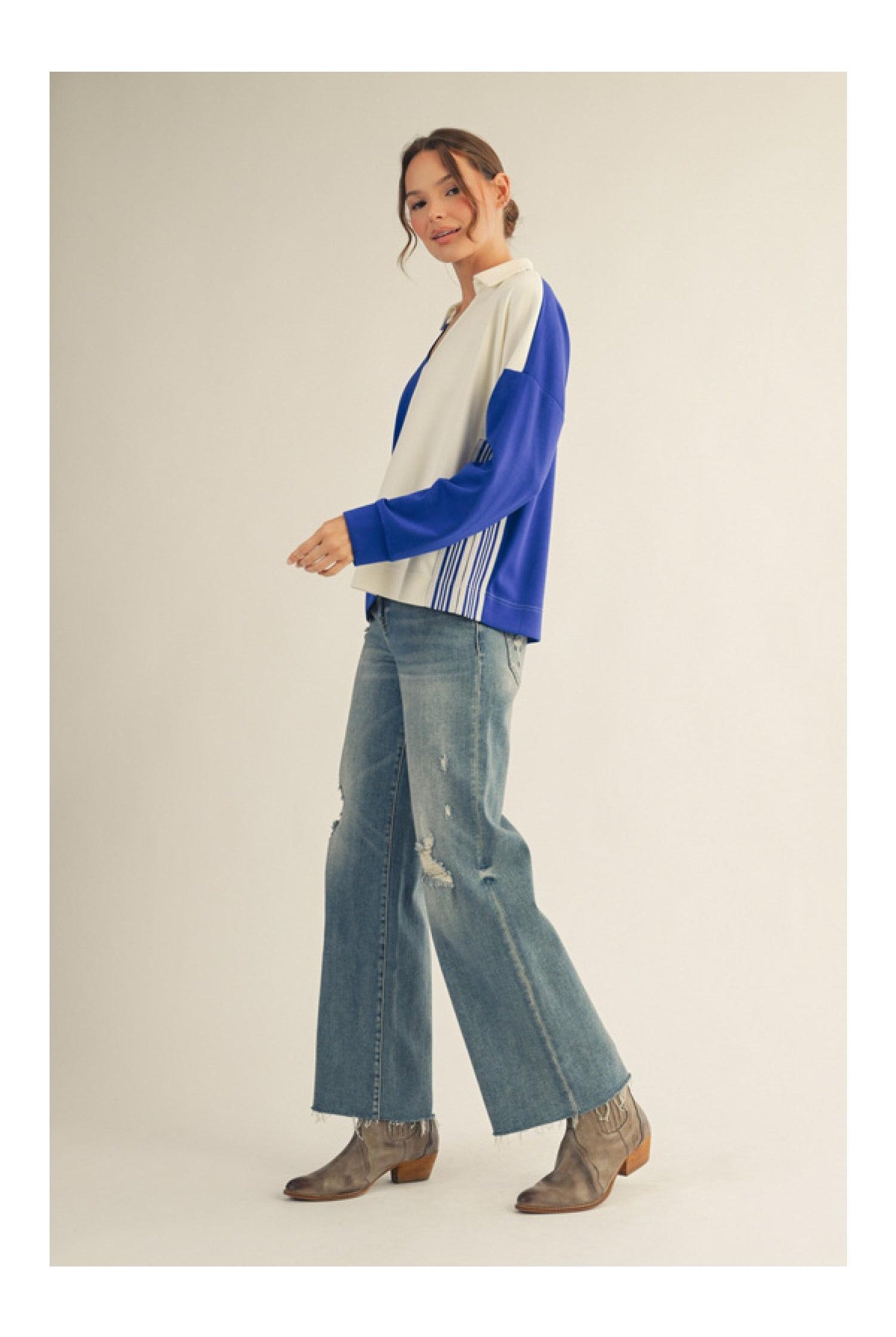 Jodifl Color Block Collared Top in Royal Cream-Tops-Jodifl-Deja Nu Boutique, Women's Fashion Boutique in Lampasas, Texas